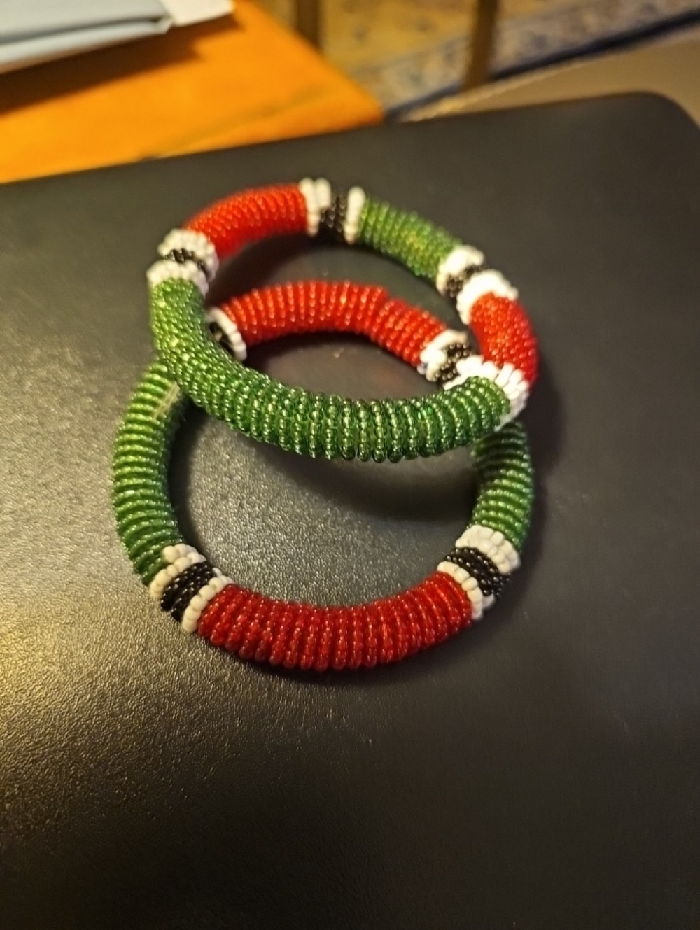 African Maasai Beaded Bangle Bracelets in Red, Green & White